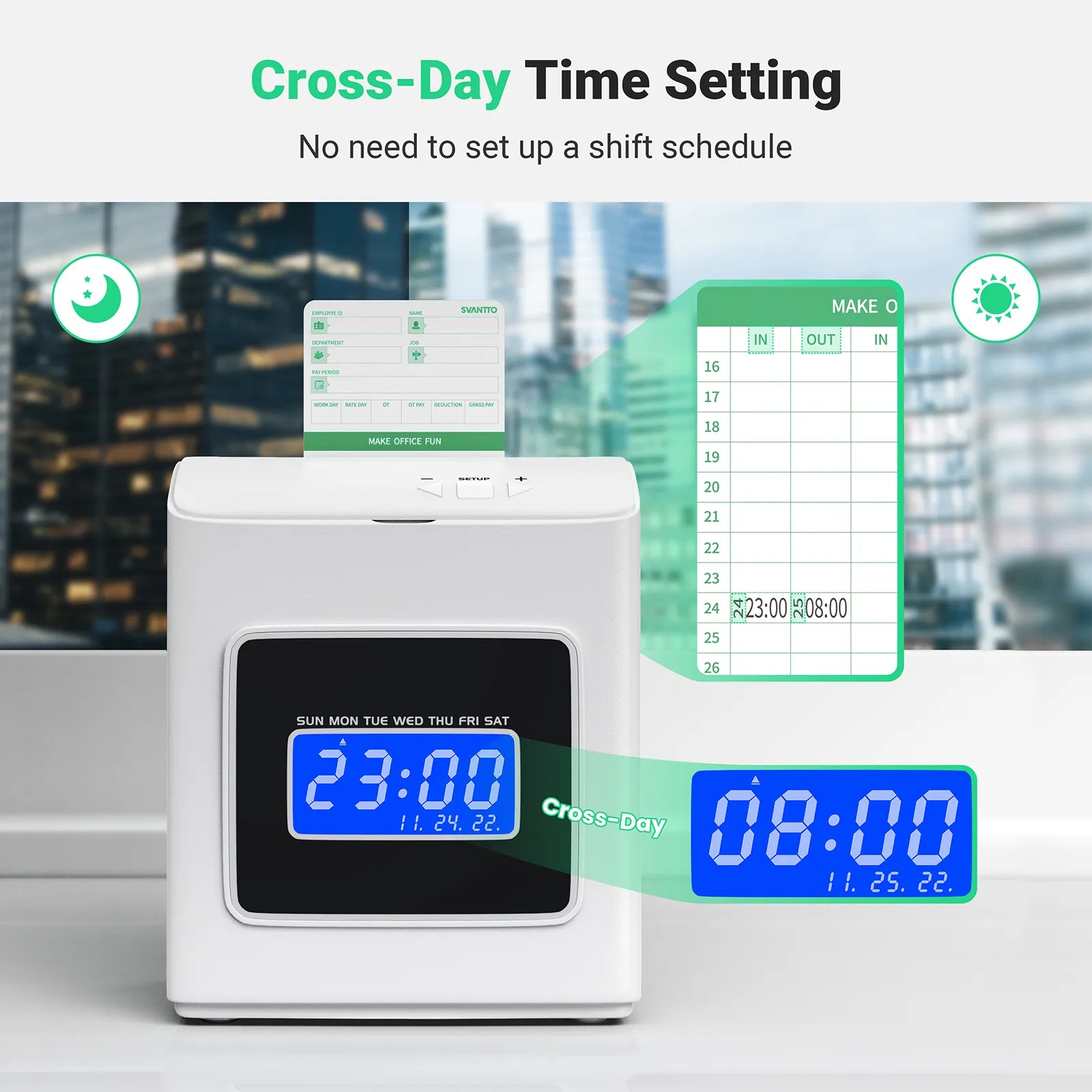Svantto time card machine provides a cross-day time setting.