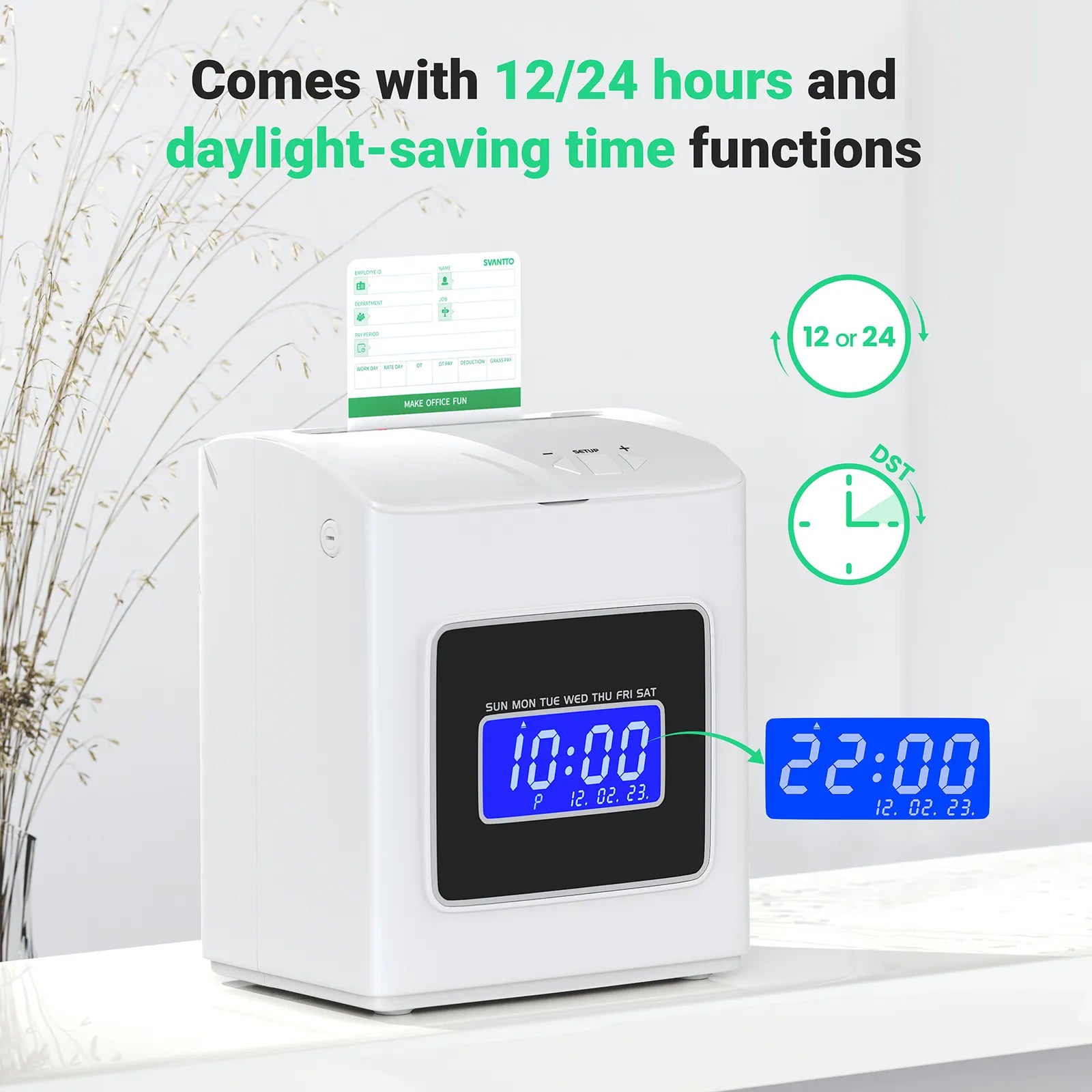 SVANTTO time card punch machine comes with 12/24 hours and daylight-saving time functions.