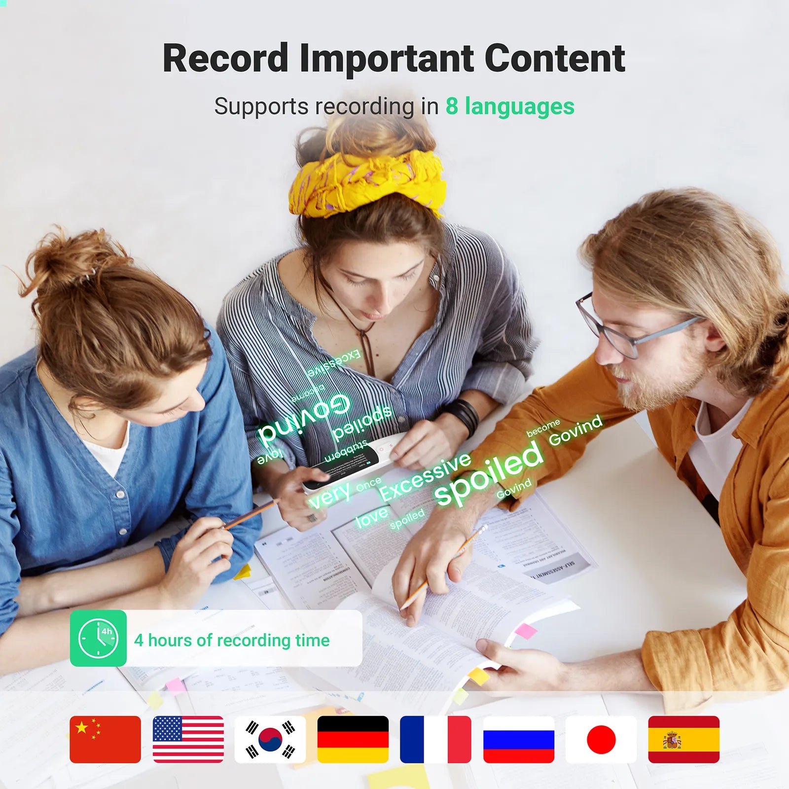 Svantto exam reader supports recording in 8 languages.