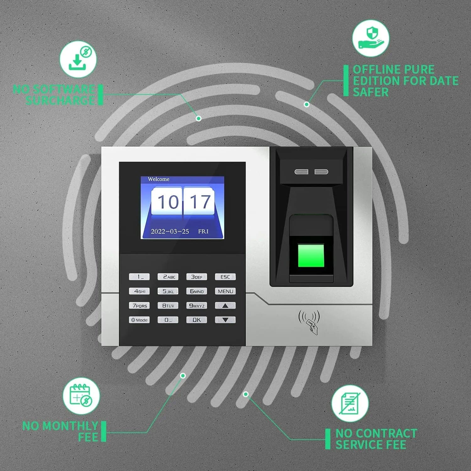 Finger Scan, RFID, and PIN Punching in One Intelligent Time Card Machine IAM03 SVANTTO. No monthly fee, no software surcharge, offline pure edition for date safer, no contract service fee. a high-performance ARM processor, which automatically calculates attendance data without using any APP, and exports attendance report with one click through the USB flash drive. No need to spend time manually calculating hours, employees’ hours are automatically accumulated.